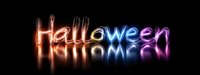 Glowing Halloween text with neon effect and reflection creates spooky atmosphere on black background, colorful gradient from orange to blue adds mystical mood.