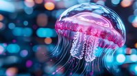 Translucent jellyfish with flowing tentacles glowing in vibrant pink and blue neon lights against bokeh background for marine biology and ocean life concepts.