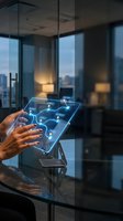 Businessman using futuristic holographic tablet with glowing network interface in modern office at dusk for digital transformation and smart technology solutions.