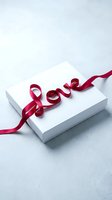 White gift box with red satin ribbon shaped into the word Love on a light gray background, perfect for Valentine's Day and romance concepts.