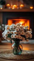 Delicate white flowers in glass vase against warm fireplace background, creating cozy home atmosphere for seasonal decor and interior styling.
