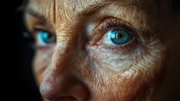 Extreme close up of senior Caucasian woman's bright blue eyes and wrinkled skin in dramatic lighting, capturing wisdom and life experience in intimate portrait photography.