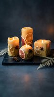 Lit candles decorated with dried citrus slices and star anise on black slate, surrounded by fern leaves for home decor and aromatherapy styling.