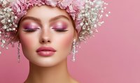 Glamorous makeup with pink eyeshadow and matte lipstick on young woman wearing floral crown with baby breath flowers against pink background. Professional beauty portrait.