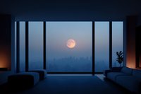 Full moon rising over city skyline viewed through modern apartment window, creating atmospheric evening ambiance with minimalist furniture silhouettes.