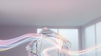 Transparent crystal geometric shape with flowing pastel ribbons of light, isolated on white background, suitable for design projects, overlays, and digital compositions.