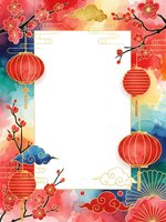 Chinese New Year frame with red lanterns, plum blossoms, and traditional clouds on watercolor background. Festive border for greeting cards and celebrations.