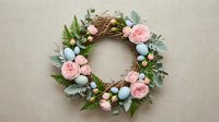 Spring Easter wreath with pastel eggs, pink roses and green foliage on neutral background for seasonal home decor and holiday celebrations.