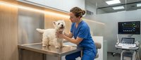 Female veterinarian in blue scrubs examining white dog on examination table in modern clinic with ultrasound equipment during routine checkup and health assessment.