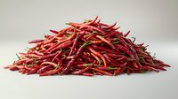 Fresh red hot chili peppers in large pile on neutral background, raw spicy cayenne or thai chilies for cooking and seasoning food. Isolated macro shot.