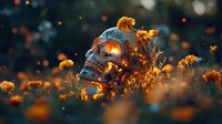 Crystal skull among golden wildflowers at sunset with magical bokeh lights creating mystical atmosphere in dark moody garden setting.
