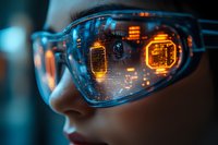 Futuristic smart glasses with glowing orange digital display reflecting in blue transparent frame, worn by person in dark environment.