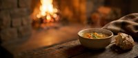 Warm soup bowl placed on rustic wooden table beside crackling campfire, creating cozy outdoor dining atmosphere for camping, survival, and wilderness cooking concepts.