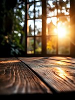 Sunlight streaming through window panes onto rustic wooden table surface, creating warm golden hour atmosphere with bokeh effect and deep wood grain texture.