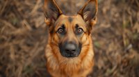 Alert German Shepherd dog with striking blue eyes and tan-colored fur gazes intently at camera against natural brown background, displaying loyal and protective expression.