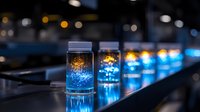 Glowing blue liquid in laboratory vials creates futuristic atmosphere with bokeh lights in background. Scientific research concept showing experimental samples.
