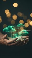 Hands holding glowing digital cloud with data streams and bokeh lights background representing cloud computing and digital transformation technology.