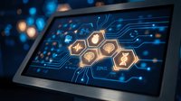 Modern tablet displaying glowing hexagonal network interface with circuit board patterns and blue bokeh lights for technology presentations.