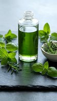 Green herbal extract in glass bottle with fresh mint leaves and herbs on dark slate surface for natural wellness and aromatherapy applications.