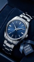 Luxury silver stainless steel watch with blue dial in velvet gift box, offer ends soon tag, limited time sale concept.