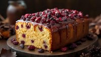 Fresh cranberry pound cake topped with chocolate glaze and dried cranberries on wooden board. Close up view of homemade holiday dessert with rustic styling.