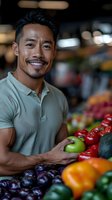 Asian man in sage polo shirt selecting fresh produce at local market, displaying healthy lifestyle and conscious shopping choices amid colorful fruit display.