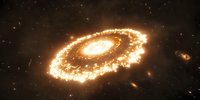 Glowing spiral galaxy with bright golden arms swirling through dark space, surrounded by distant stars and celestial bodies in cosmic void.