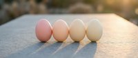Four fresh eggs in gradient colors from pink to white arranged in row on concrete surface with warm natural lighting for cooking and baking concepts.