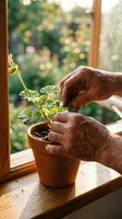 Senior hands gently tending to young green plant in terracotta pot by sunny window. Elderly gardening, nurturing growth, indoor plants, home cultivation.