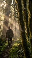 Man walking through misty forest path surrounded by moss-covered trees and golden sunlight filtering through canopy, ideal for outdoor adventure and nature exploration themes.