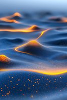 Abstract wavy landscape with glowing orange light streams flowing through blue topographic lines creating surreal mountainous terrain with scattered luminous particles.