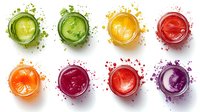 Fresh colorful smoothies and juices in glasses with splashes and powder on white background, top view. Healthy detox drinks collection.