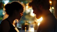 Romantic silhouette of young couple in love at sunset with golden bokeh lights, intimate moment between man and woman with curly hair profiles facing each other.