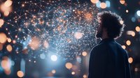 Silhouette of man observing glowing digital network visualization with connected nodes against bokeh light background.