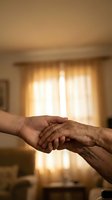 Young adult and senior holding hands indoors with warm sunlight streaming through curtains, expressing care, support, and intergenerational connection for healthcare and family concepts.