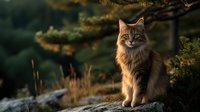 Majestic long-haired tabby cat sitting on rock in forest at golden hour, surrounded by pine trees and natural wilderness setting.