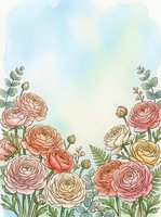 Watercolor ranunculus flowers frame with soft pastel colors and eucalyptus leaves on light background for wedding invitations and spring designs.