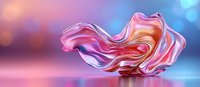 Flowing abstract coral and blue metallic shape with smooth curves and reflective surface against blurred bokeh background, modern art sculpture design element.