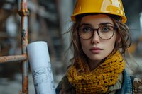 Young female architect in yellow hard hat and knitted scarf holds blueprints at construction site, wearing glasses with natural makeup and professional expression.