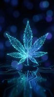 Digital cannabis leaf with glowing circuit patterns and neon blue lights on dark background with bokeh effects for technology and medical concepts.
