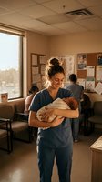 Young Hispanic female nurse in blue scrubs tenderly holding newborn baby in hospital maternity ward with warm natural lighting and medical staff in background.