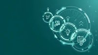 Digital technology innovation concept with glowing circular interface elements and business icons on teal gradient background for presentations.