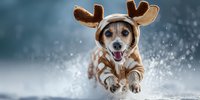 Playful small dog wearing reindeer costume running through snow with joyful expression, creating powder spray in winter wonderland setting.