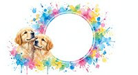 Two golden retriever puppies with colorful watercolor paint splashes forming circular frame on white background for pet grooming business cards.
