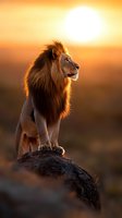 Majestic male lion with flowing mane standing on rock during golden sunset, backlit silhouette against orange sky creates dramatic wildlife scene in African savanna.