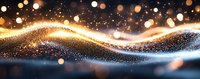 Glowing golden and blue waves with sparkling particles and bokeh lights creating magical flowing abstract background effect on dark surface.