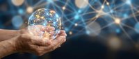 Mature hand holding glowing globe with digital network connections, representing global communication, technology innovation, and worldwide business connectivity for corporate and tech concepts.