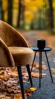Cozy autumn outdoor seating with velvet armchair and black coffee table on fallen leaves background, warm golden bokeh forest atmosphere.