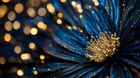 Vibrant blue flower petals radiating outward with golden bokeh lights in background creating magical atmosphere. Macro photography reveals delicate details and sparkles.