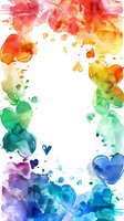 Rainbow colored watercolor hearts and splashes forming frame border on white background, abstract romantic artistic design for cards and invitations.